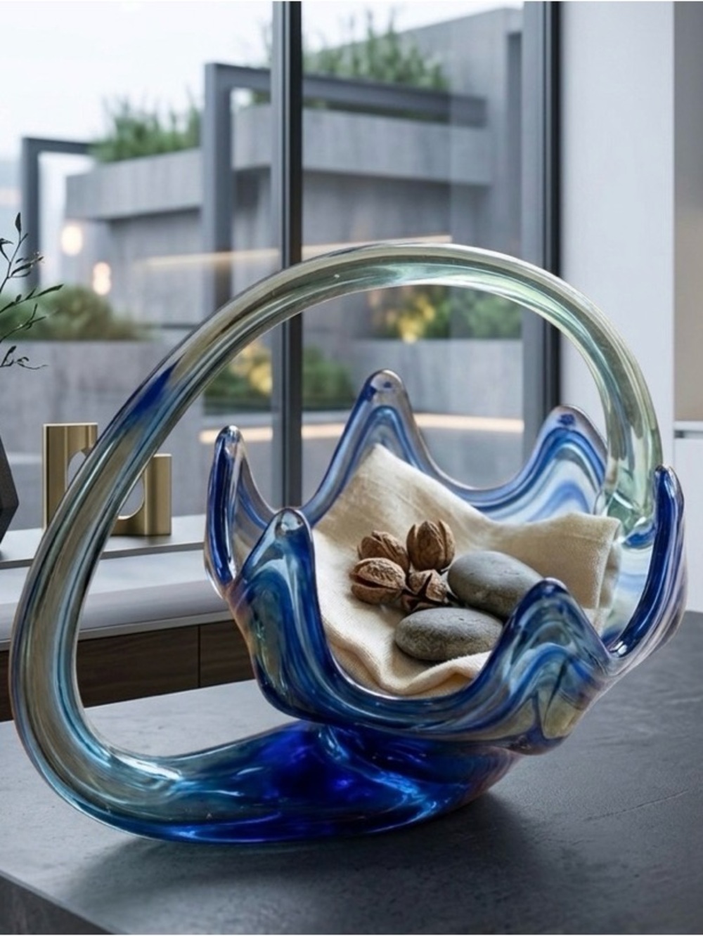 🌸 Vintage Blue Swirl Snake Art Glass Cornucopia Basket, Hand Blown Glass